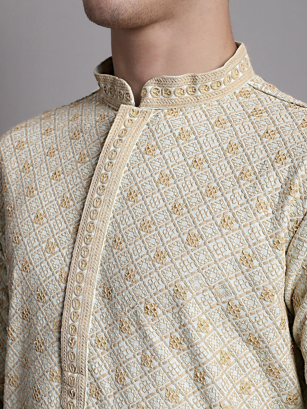 Jompers Men's Light Green Chikankari Embroidered and Sequence Kurta