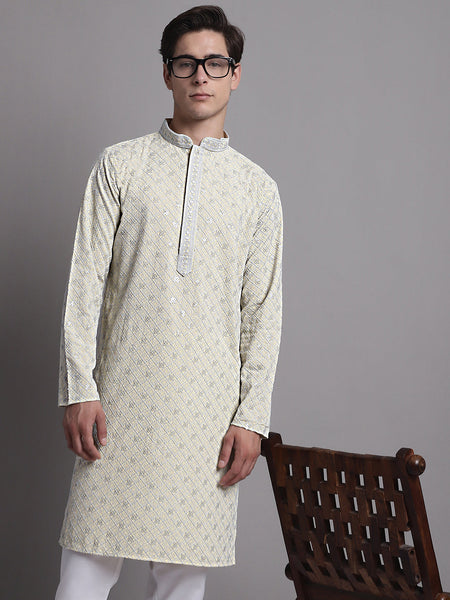 Jompers Men's Yellow Chikankari Embroidered and Sequence Kurta