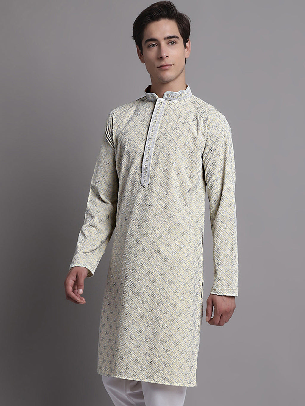 Jompers Men's Yellow Chikankari Embroidered and Sequence Kurta