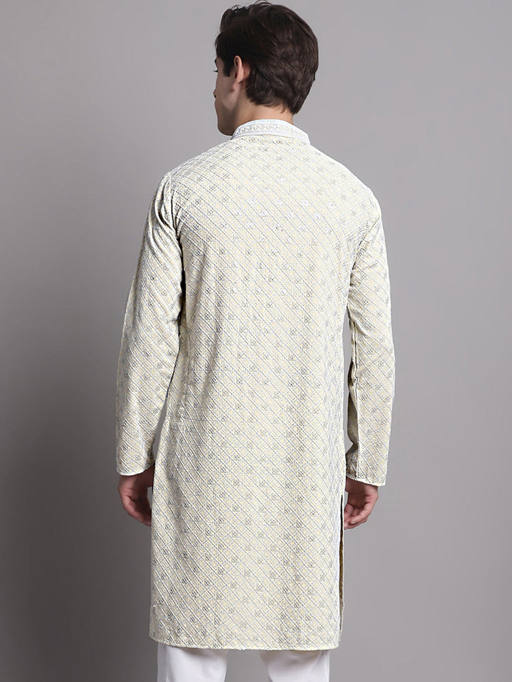 Jompers Men's Yellow Chikankari Embroidered and Sequence Kurta
