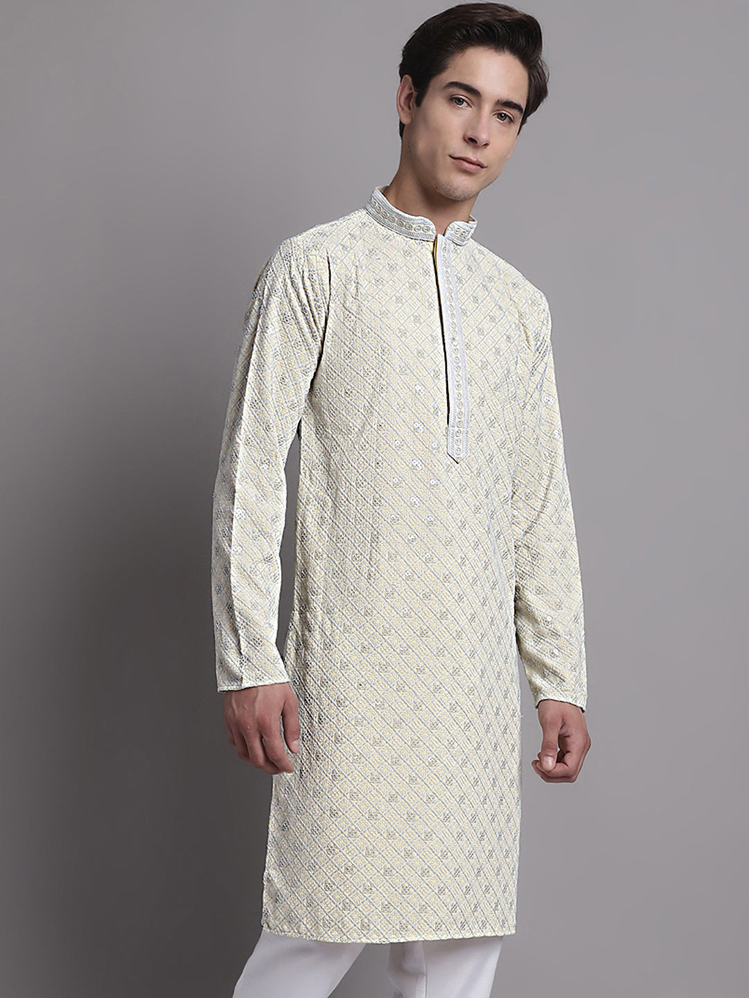 Jompers Men's Yellow Chikankari Embroidered and Sequence Kurta