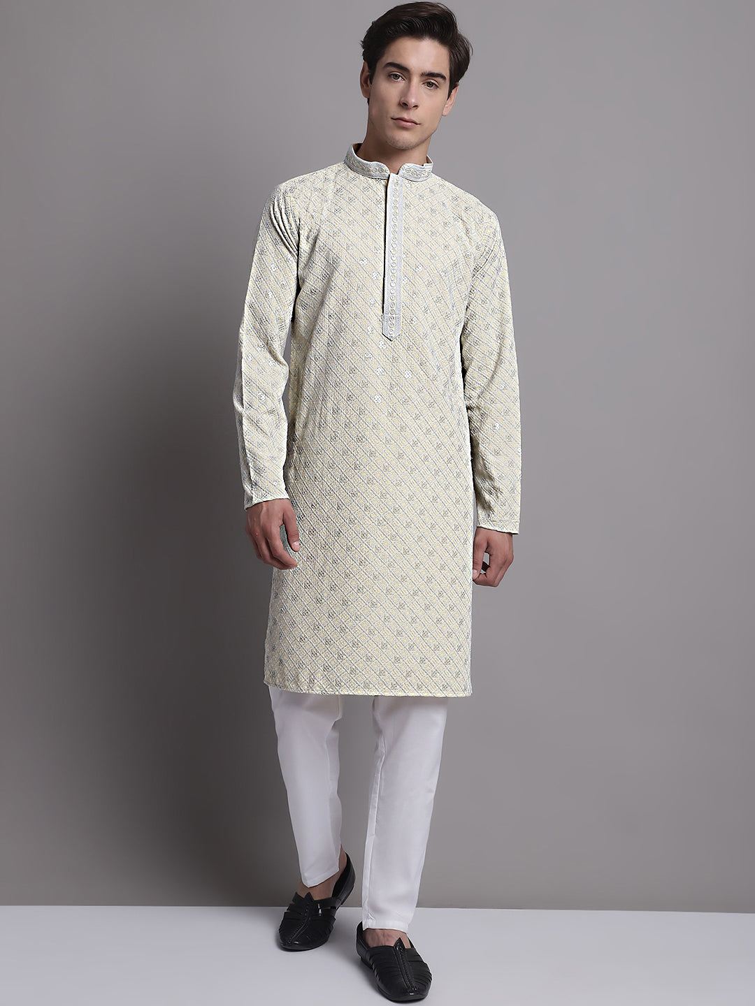 Jompers Men's Yellow Chikankari Embroidered and Sequence Kurta