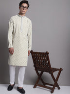 Jompers Men's Yellow Chikankari Embroidered and Sequence Kurta