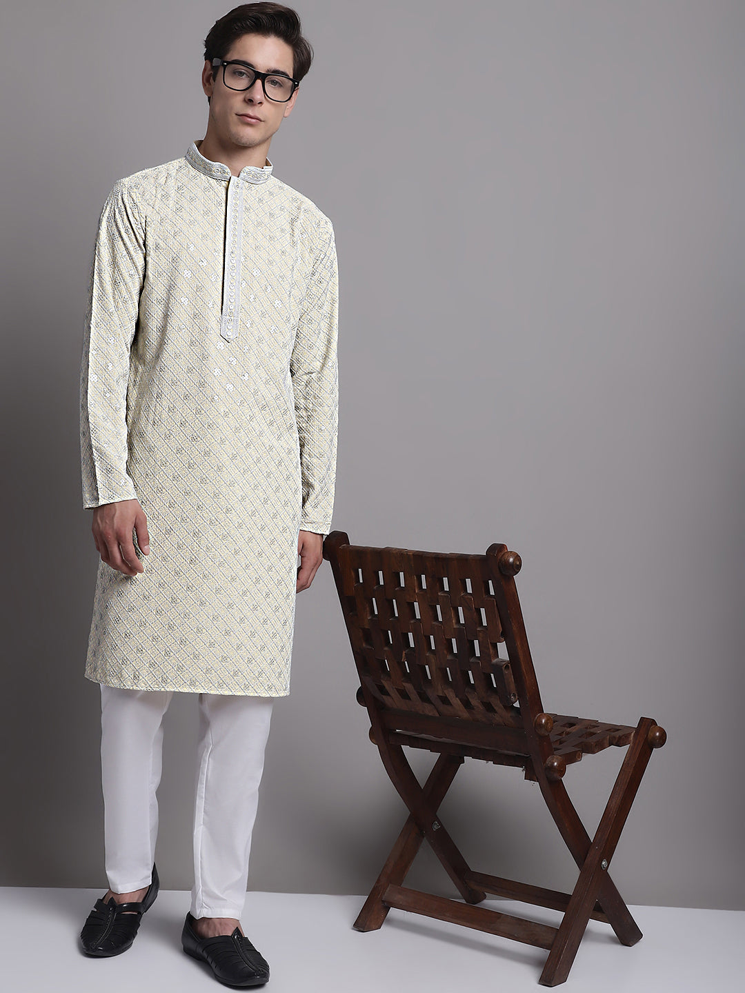 Jompers Men's Yellow Chikankari Embroidered and Sequence Kurta