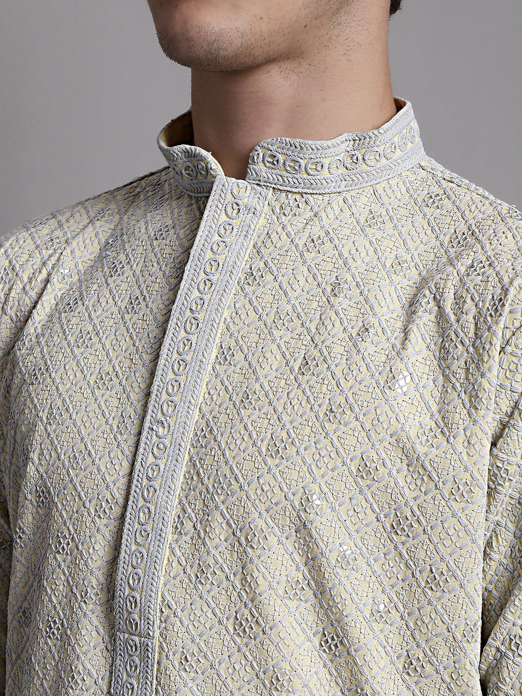 Jompers Men's Yellow Chikankari Embroidered and Sequence Kurta