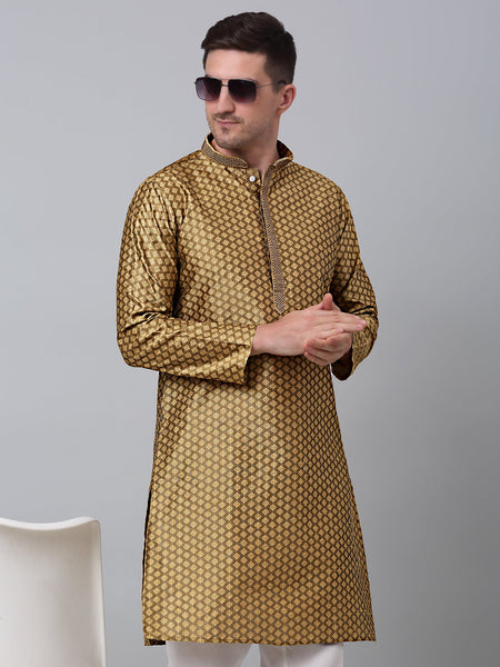 Jompers Men's Mustard Collar Embroidered Kurta