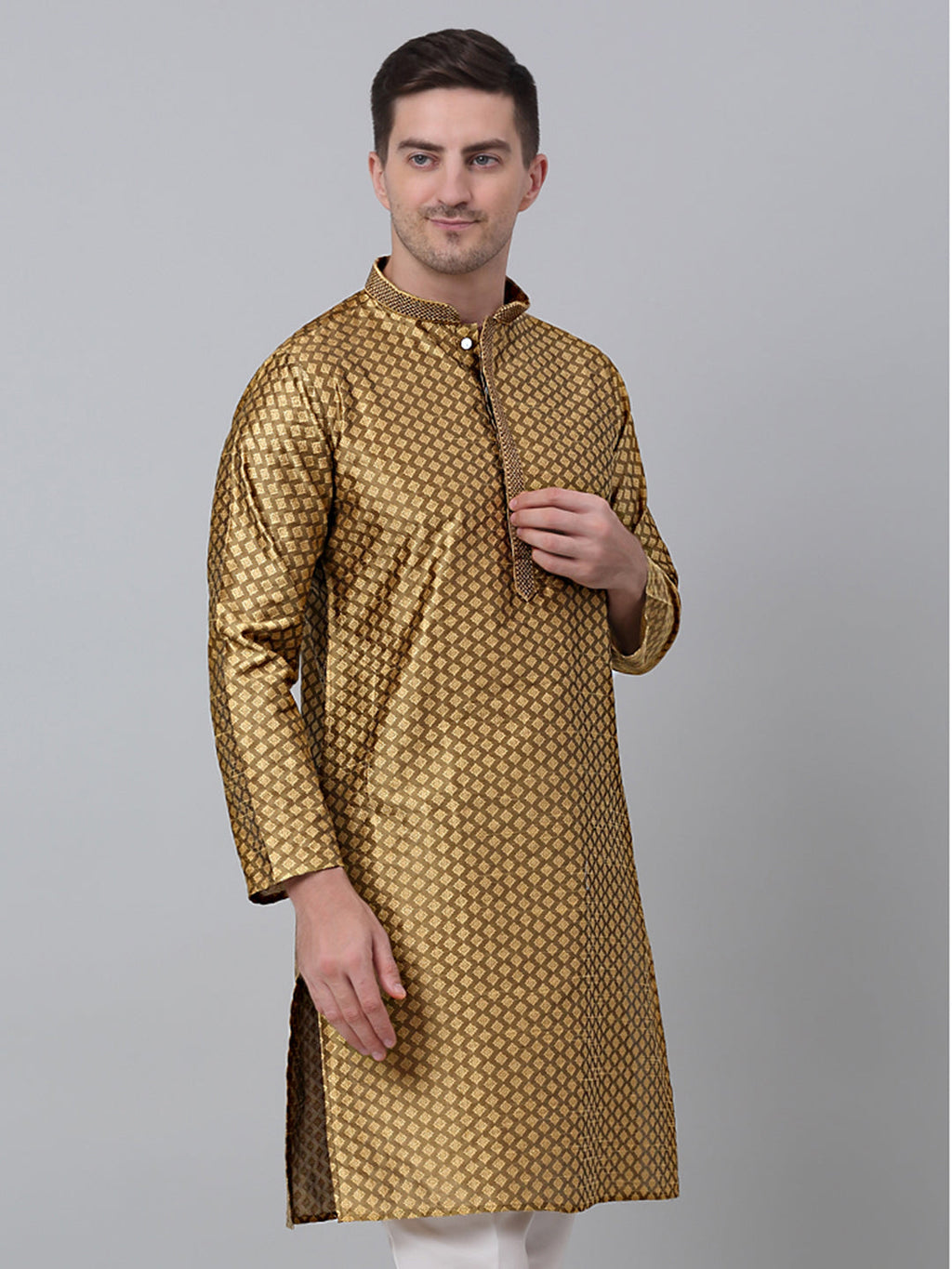 Jompers Men's Mustard Collar Embroidered Kurta