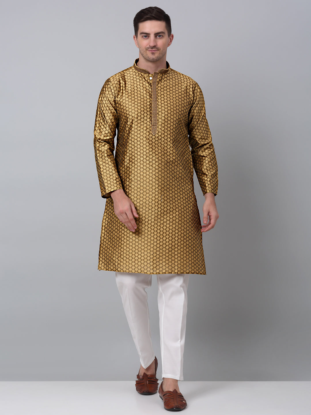 Jompers Men's Mustard Collar Embroidered Kurta