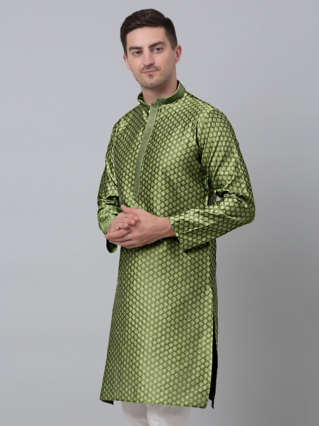 Jompers Men's Olive Green Collar Embroidered Kurta