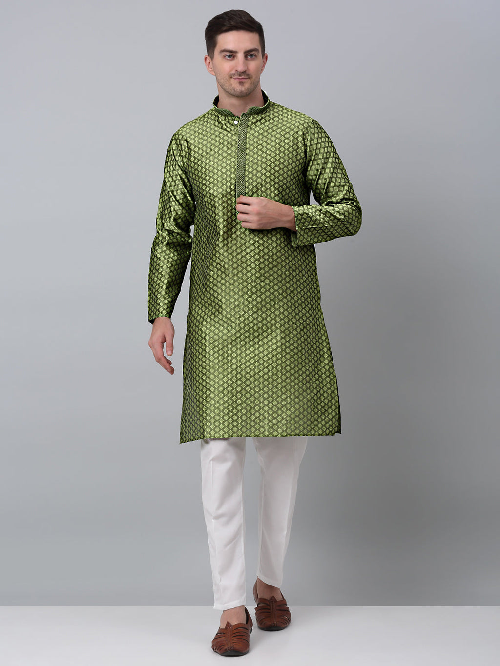 Jompers Men's Olive Green Collar Embroidered Kurta