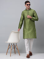 Jompers Men's Olive Green Collar Embroidered Kurta