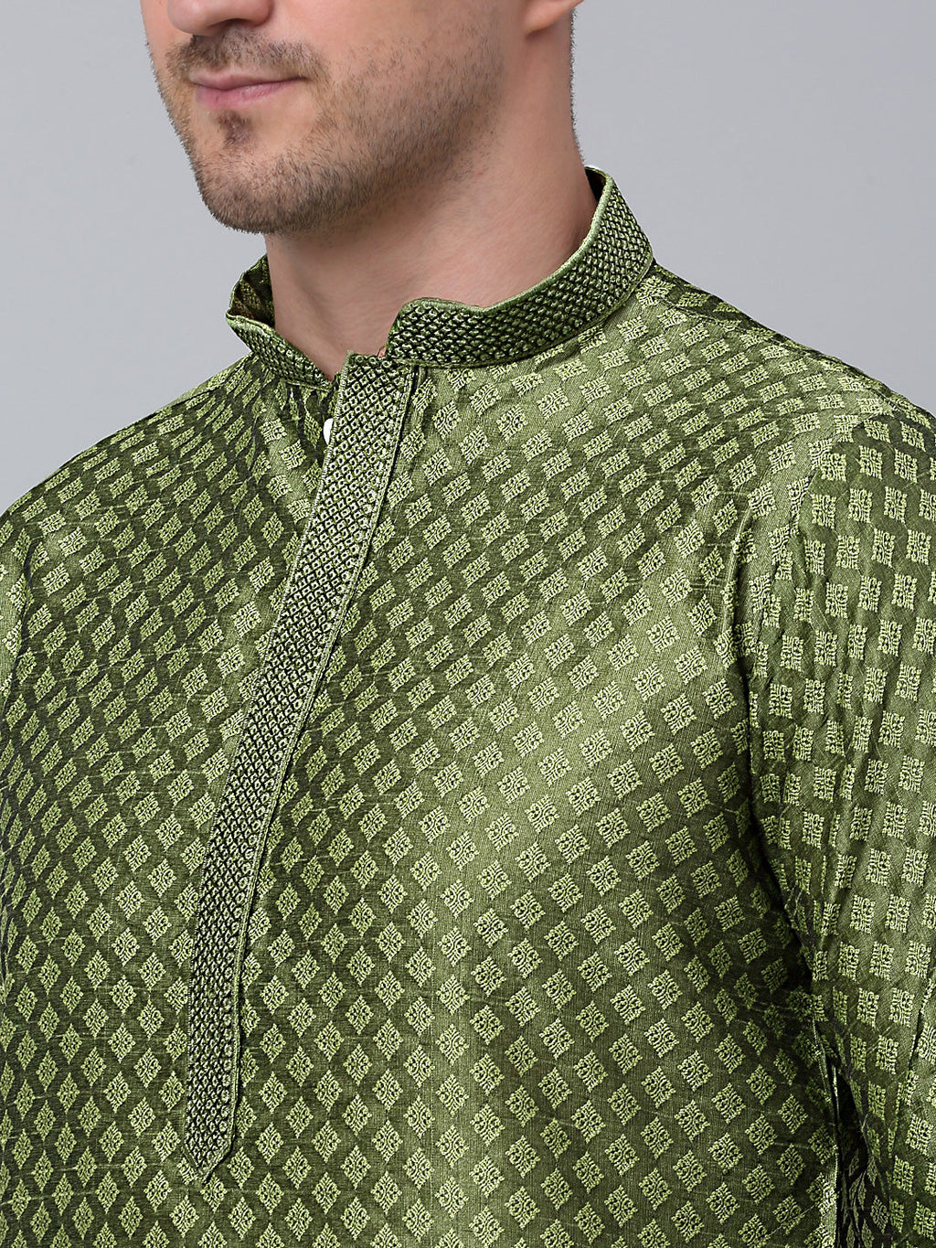 Jompers Men's Olive Green Collar Embroidered Kurta