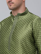 Jompers Men's Olive Green Collar Embroidered Kurta