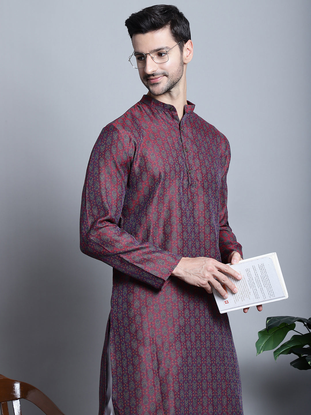 Jompers Men's Maroon Woven Design Kurta Only