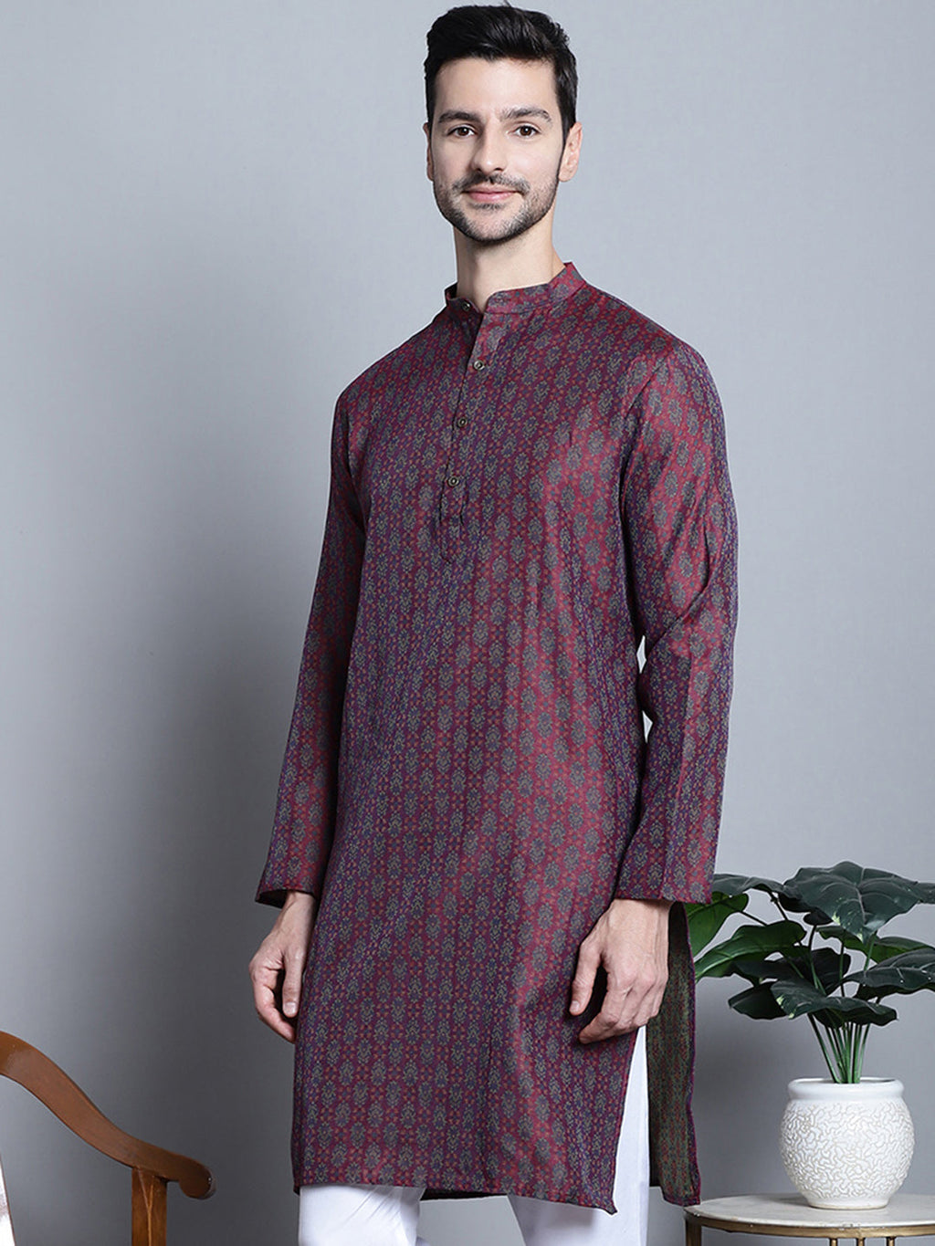 Jompers Men's Maroon Woven Design Kurta Only