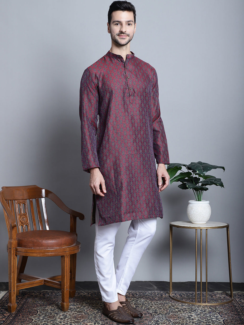 Jompers Men's Maroon Woven Design Kurta Only