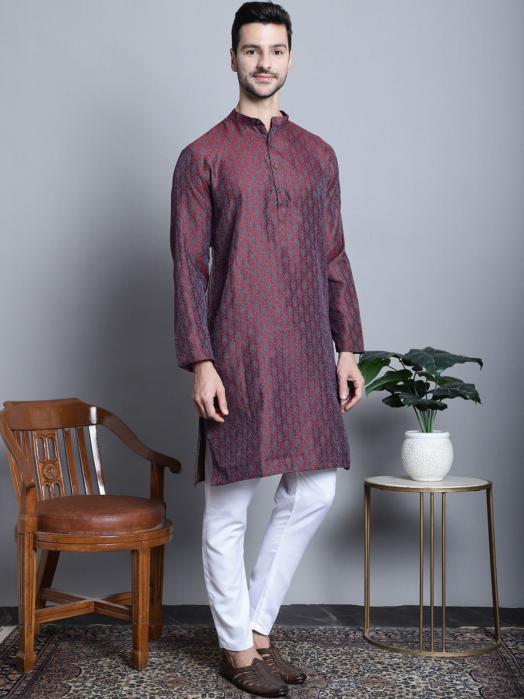 Jompers Men's Maroon Woven Design Kurta Only