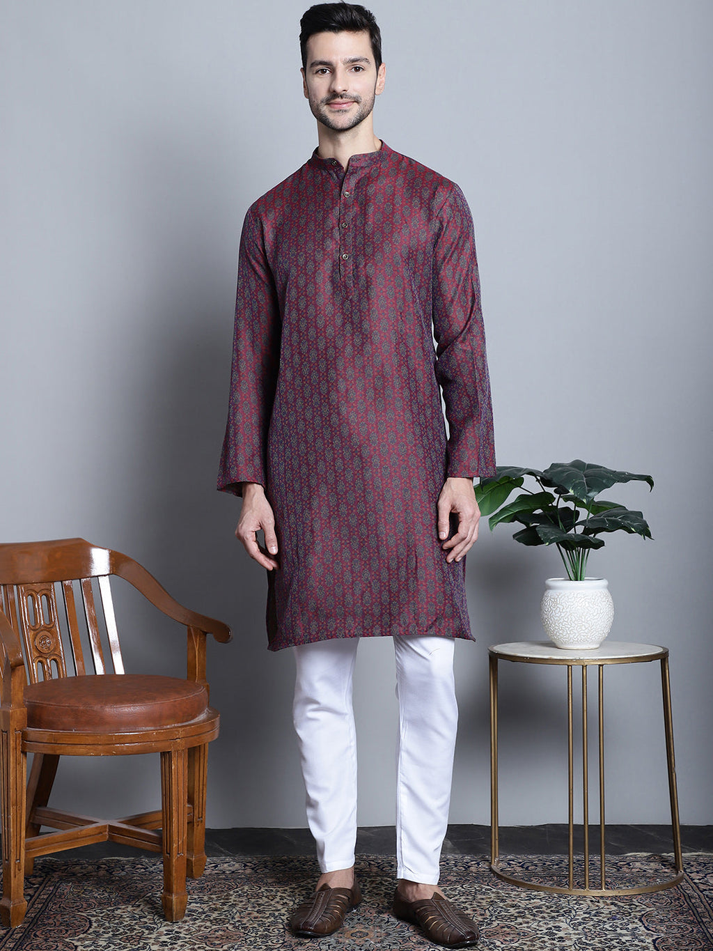 Jompers Men's Maroon Woven Design Kurta Only
