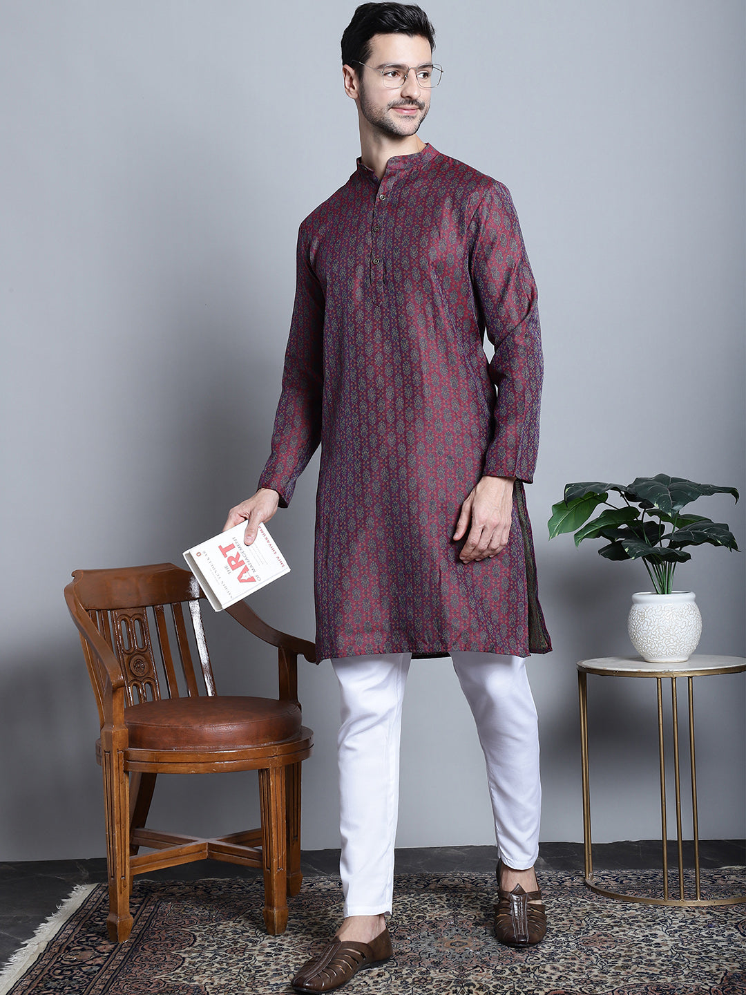 Jompers Men's Maroon Woven Design Kurta Only