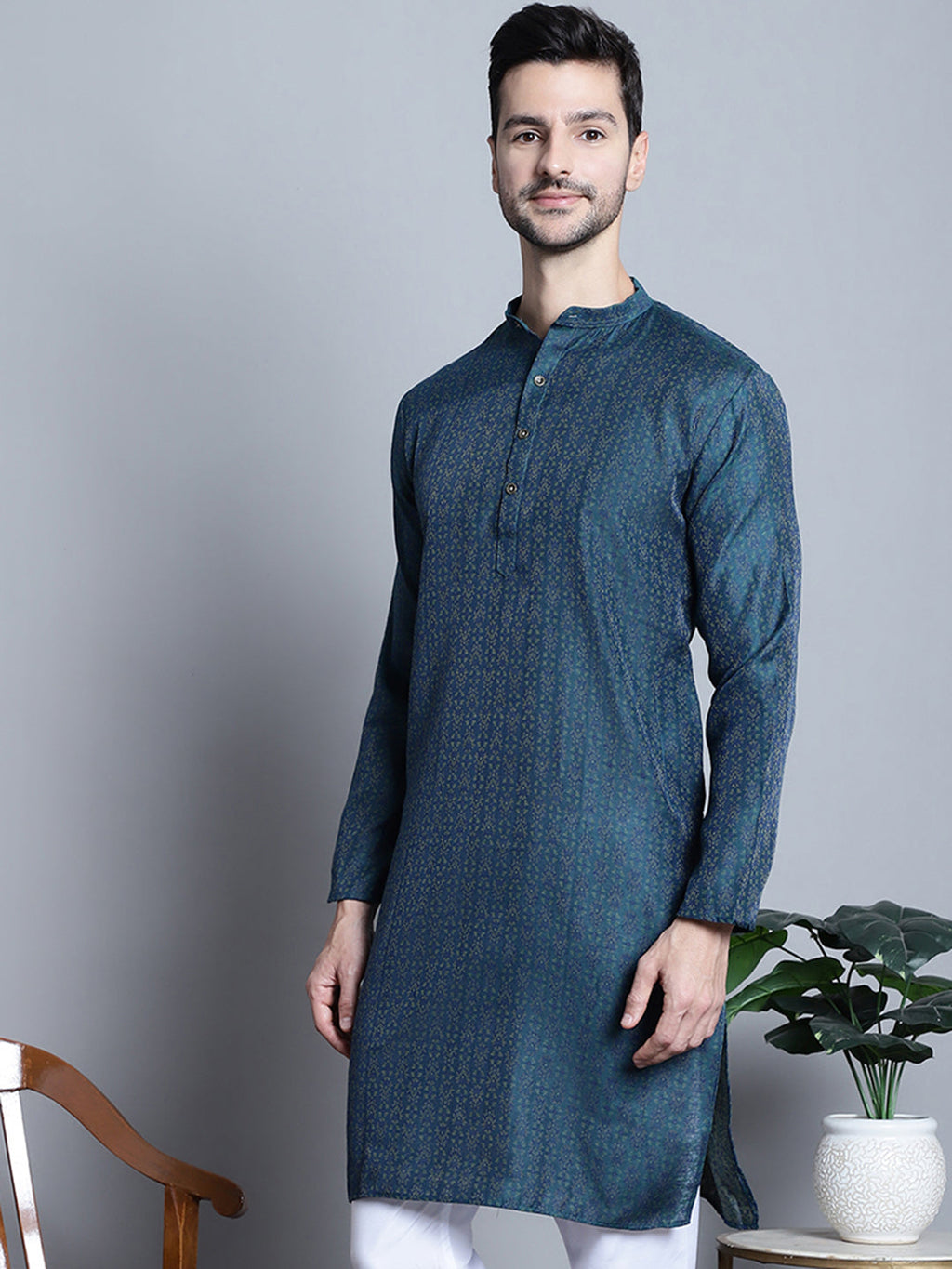 Jompers Men's Navy Blue Woven Design Kurta Only