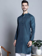 Jompers Men's Navy Blue Woven Design Kurta Only