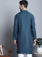 Jompers Men's Navy Blue Woven Design Kurta Only