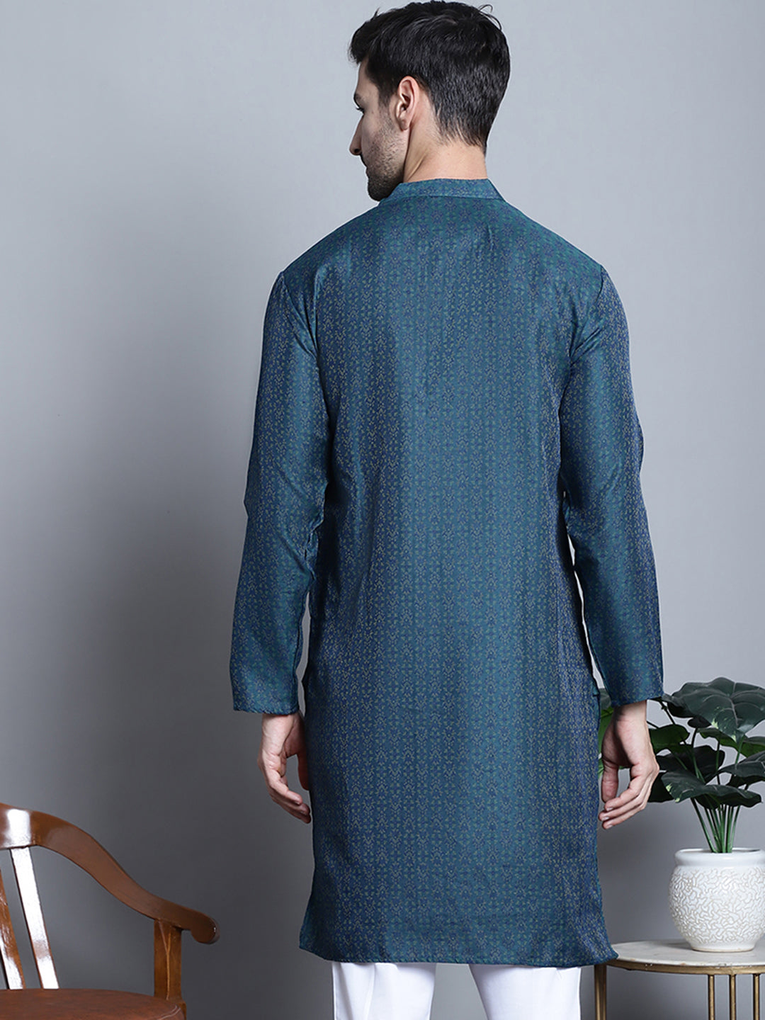 Jompers Men's Navy Blue Woven Design Kurta Only