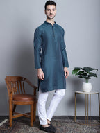 Jompers Men's Navy Blue Woven Design Kurta Only
