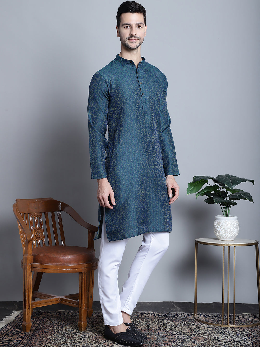 Jompers Men's Navy Blue Woven Design Kurta Only