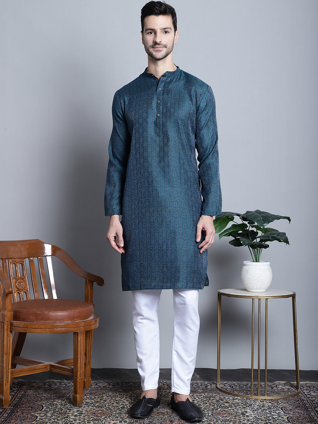 Jompers Men's Navy Blue Woven Design Kurta Only