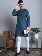 Jompers Men's Navy Blue Woven Design Kurta Only