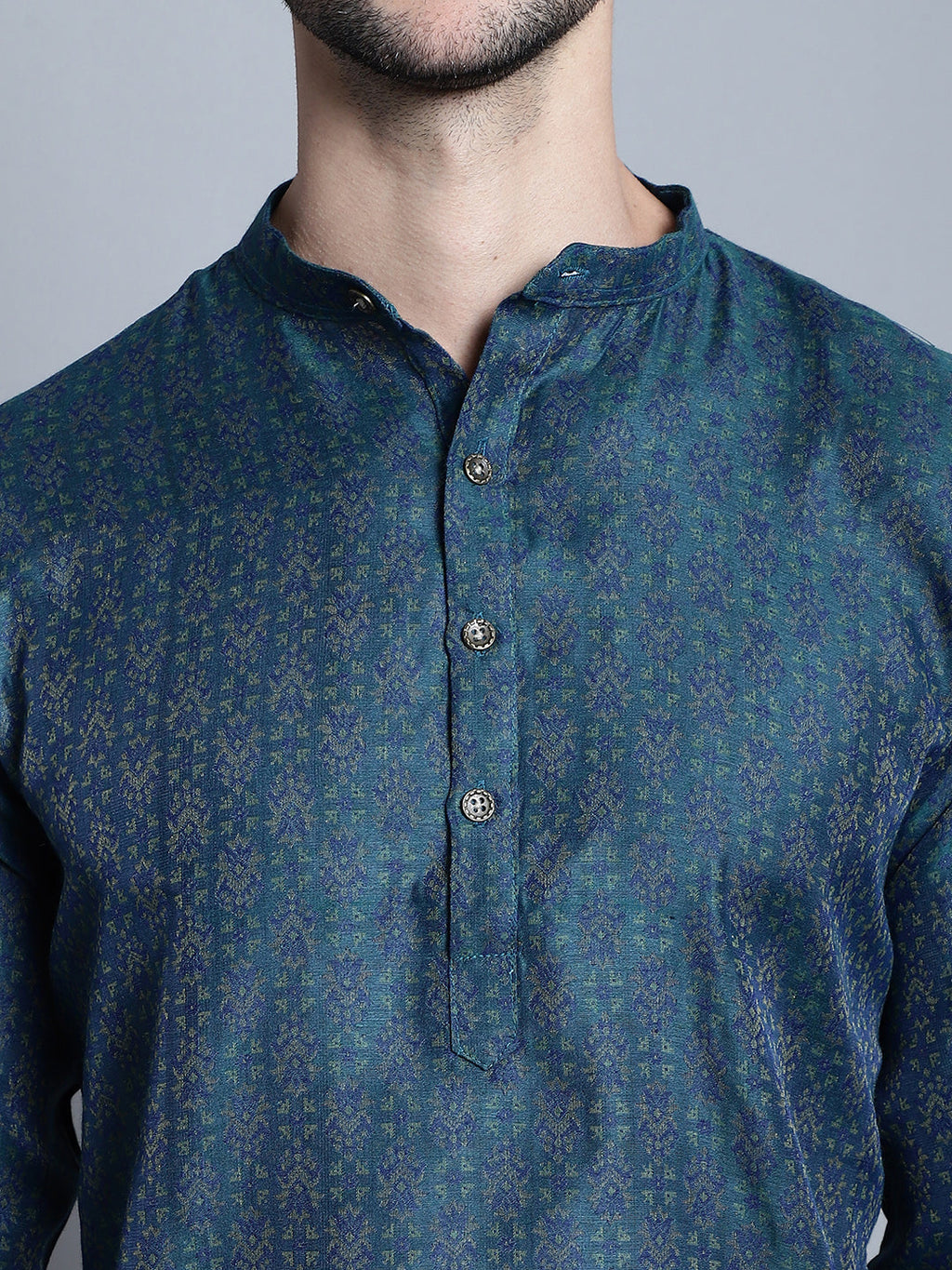 Jompers Men's Navy Blue Woven Design Kurta Only
