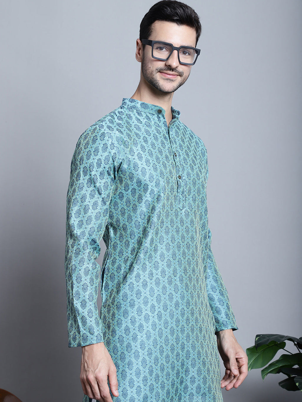 Jompers Men's Blue Woven Design Kurta Only
