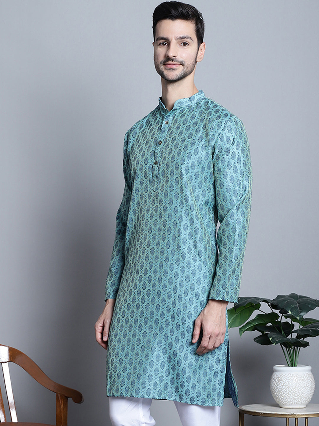 Jompers Men's Blue Woven Design Kurta Only