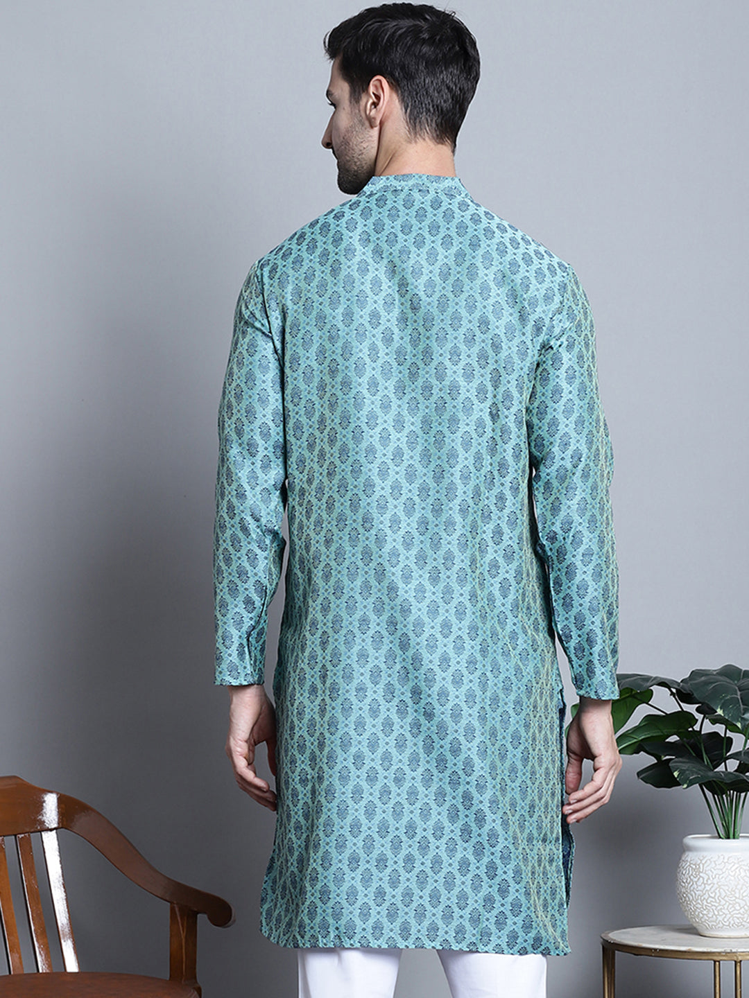 Jompers Men's Blue Woven Design Kurta Only