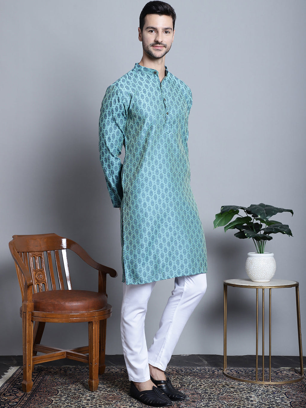 Jompers Men's Blue Woven Design Kurta Only