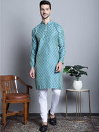 Jompers Men's Blue Woven Design Kurta Only