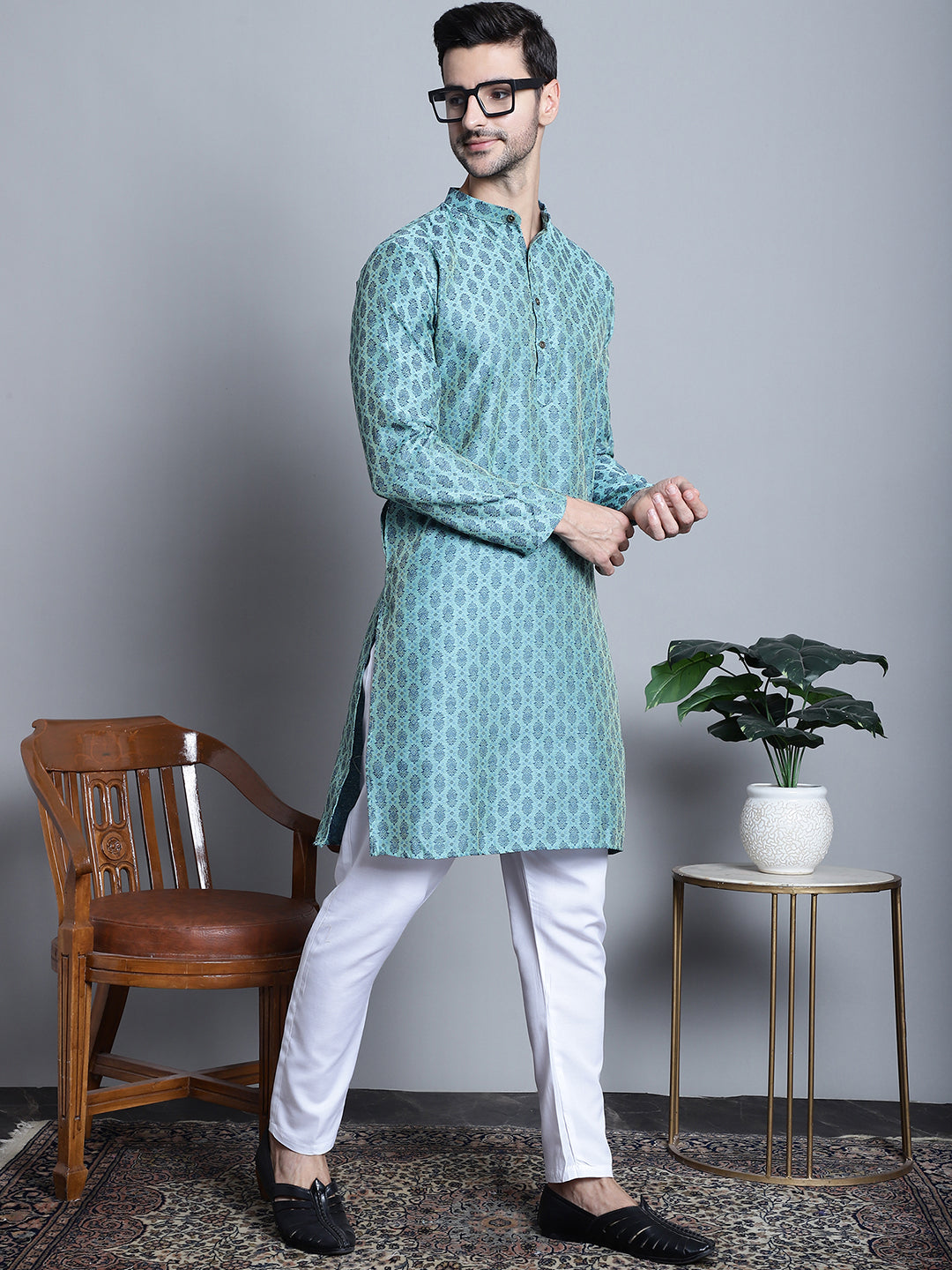 Jompers Men's Blue Woven Design Kurta Only