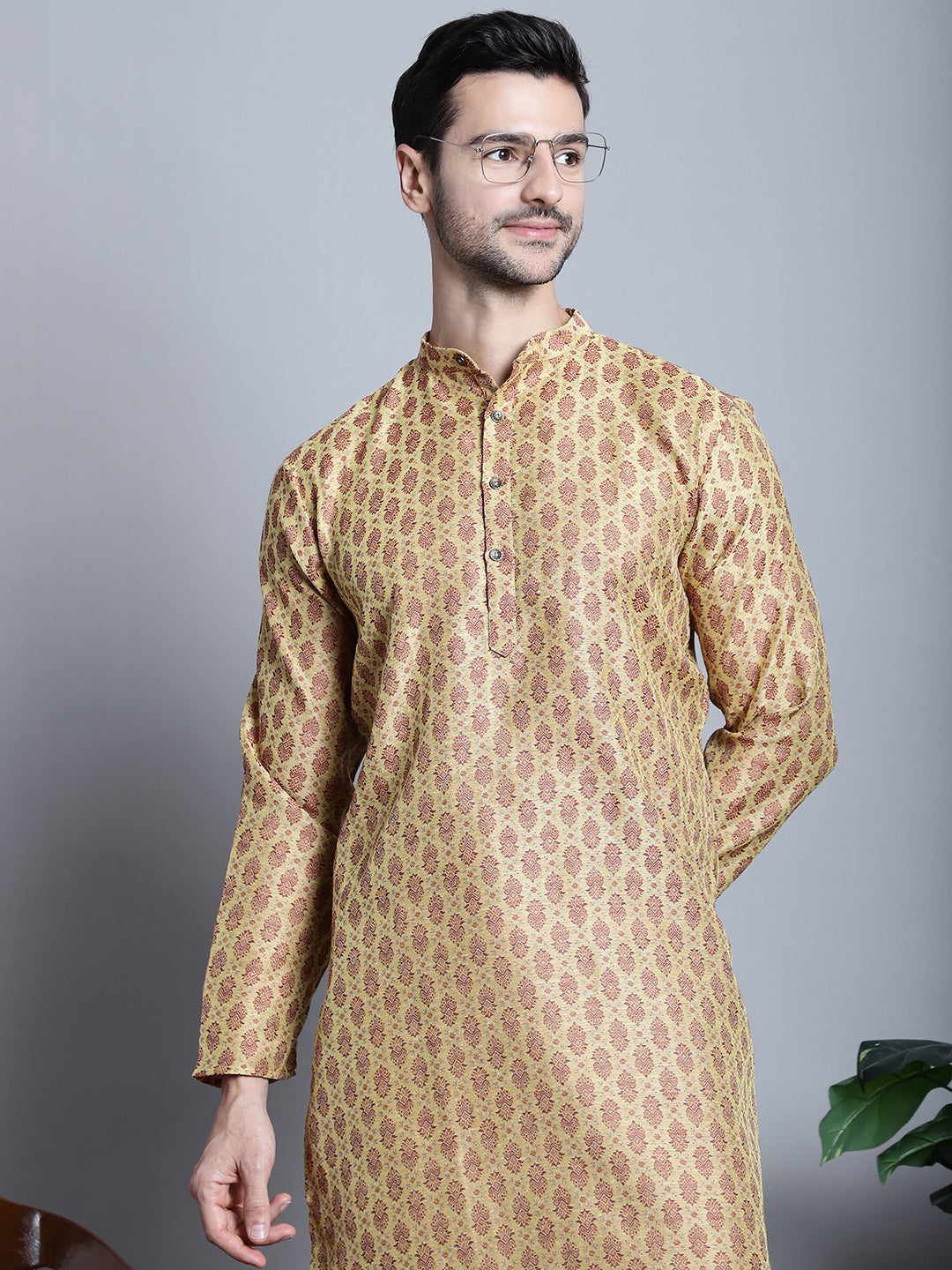 Jompers Men's Yellow Woven Design Kurta Only