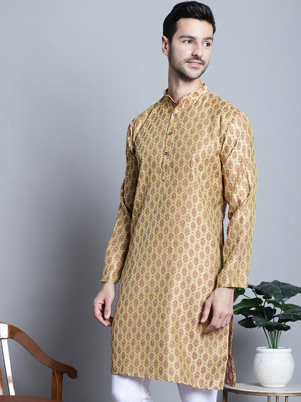 Jompers Men's Yellow Woven Design Kurta Only
