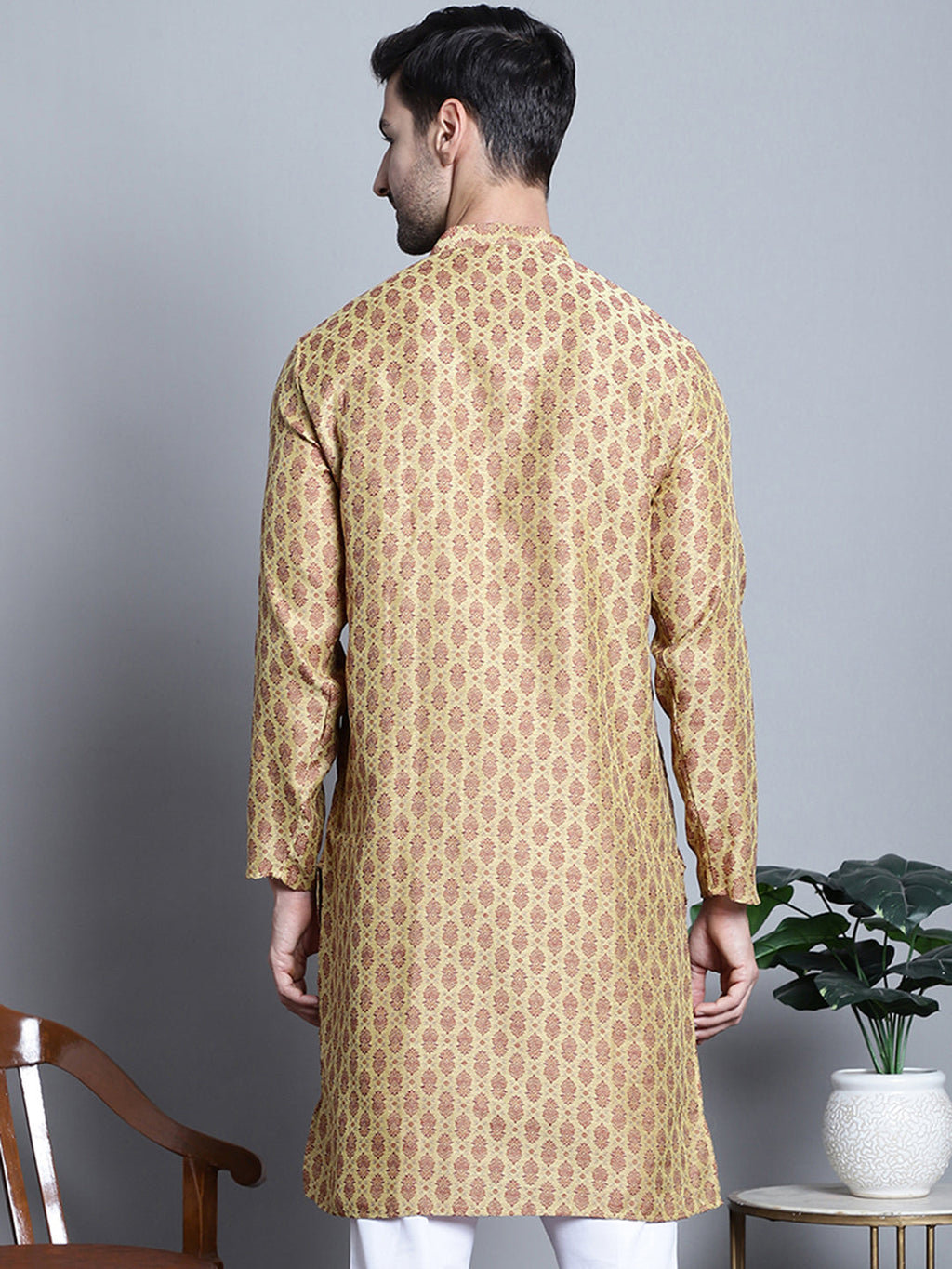 Jompers Men's Yellow Woven Design Kurta Only