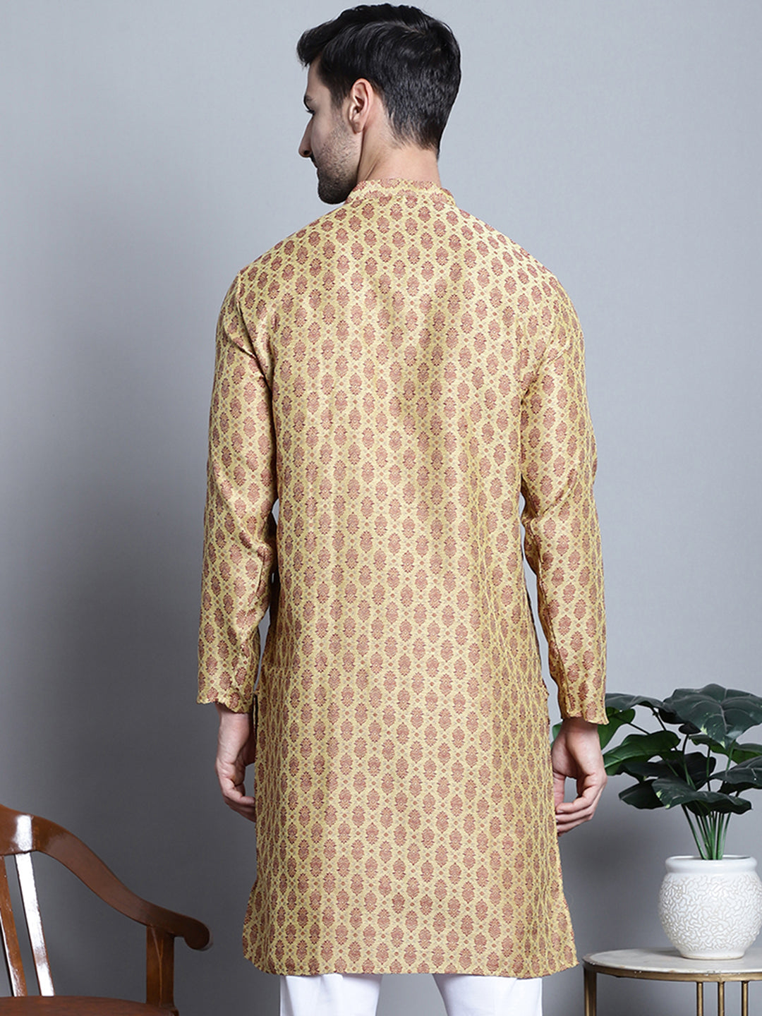 Jompers Men's Yellow Woven Design Kurta Only