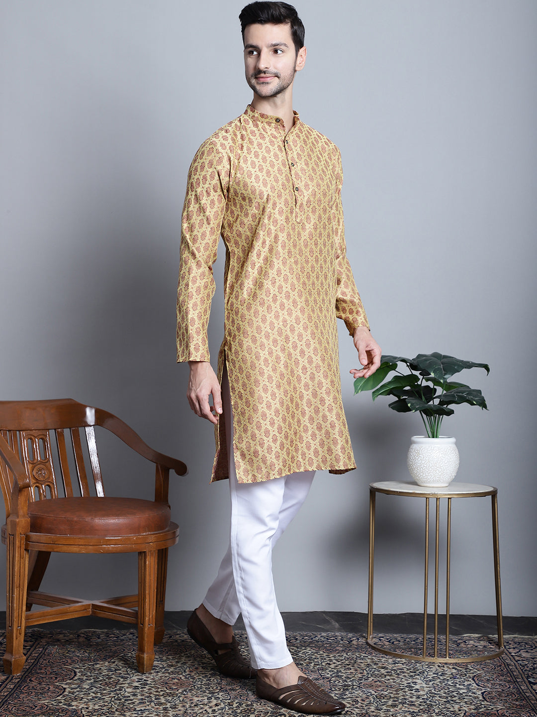 Jompers Men's Yellow Woven Design Kurta Only