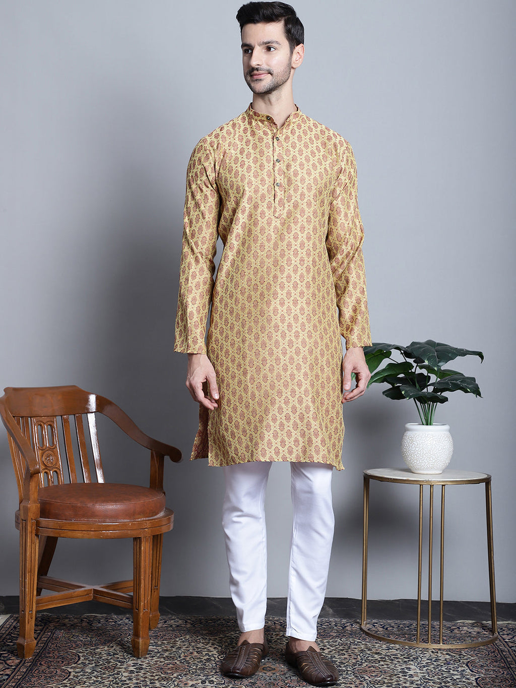 Jompers Men's Yellow Woven Design Kurta Only
