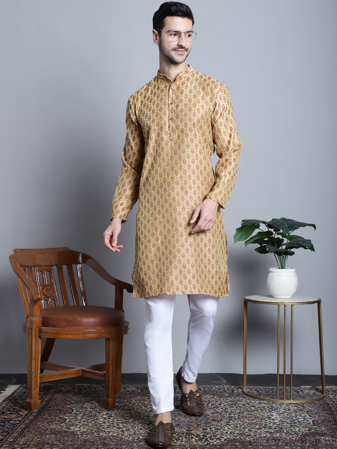 Jompers Men's Yellow Woven Design Kurta Only