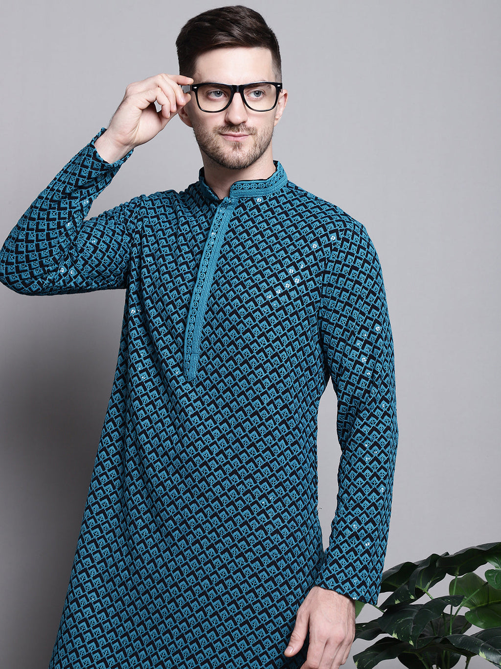 Jompers Men's Sequin Embroidered Pure Cotton Kurta - Blue