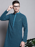 Jompers Men's Sequin Embroidered Pure Cotton Kurta - Blue