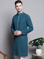 Jompers Men's Sequin Embroidered Pure Cotton Kurta - Blue