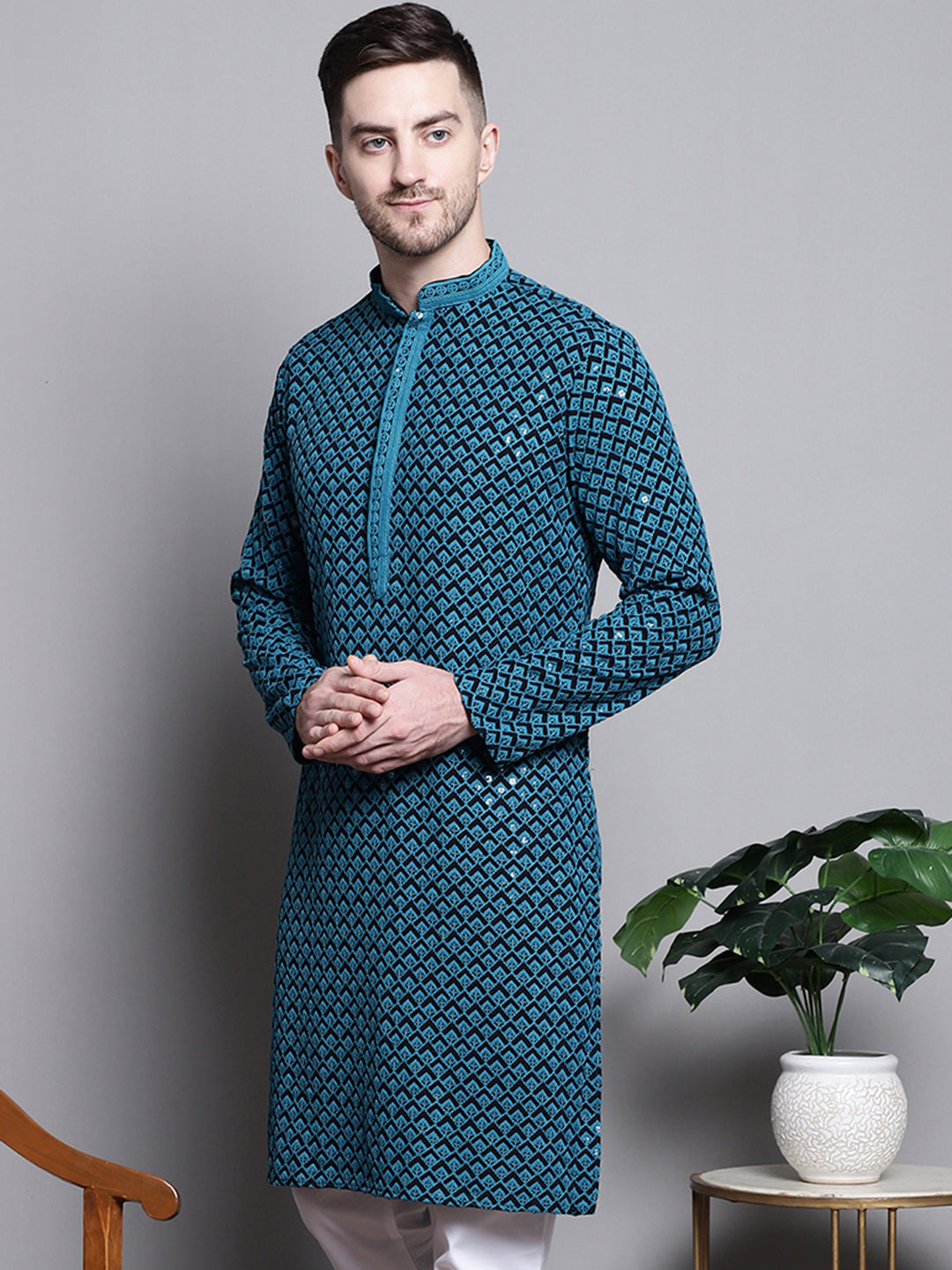 Jompers Men's Sequin Embroidered Pure Cotton Kurta - Blue