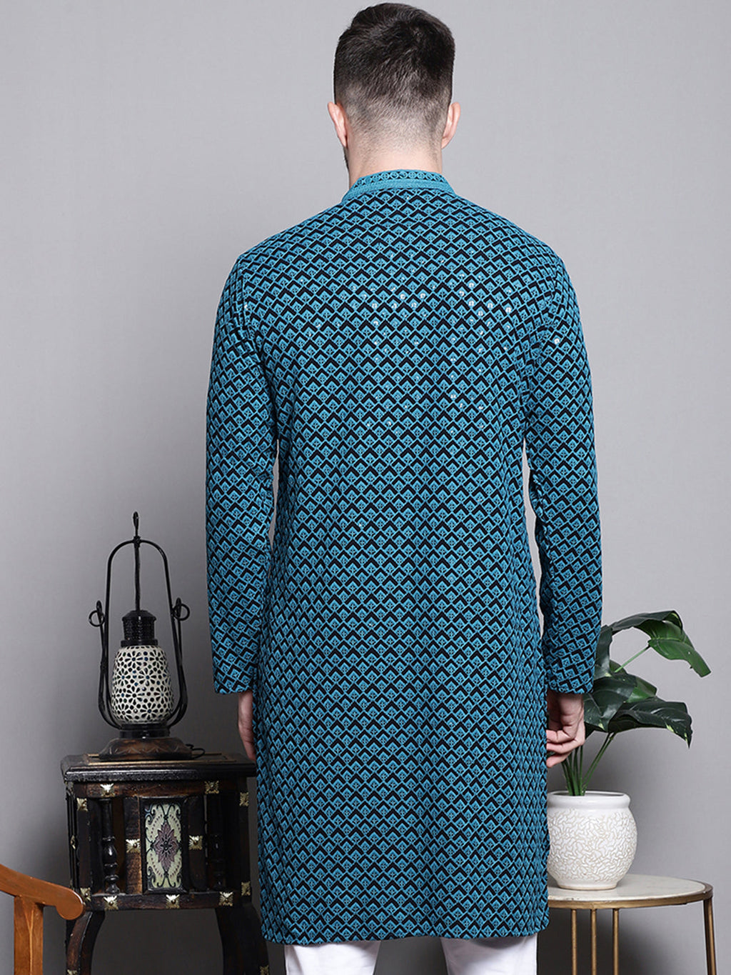Jompers Men's Sequin Embroidered Pure Cotton Kurta - Blue